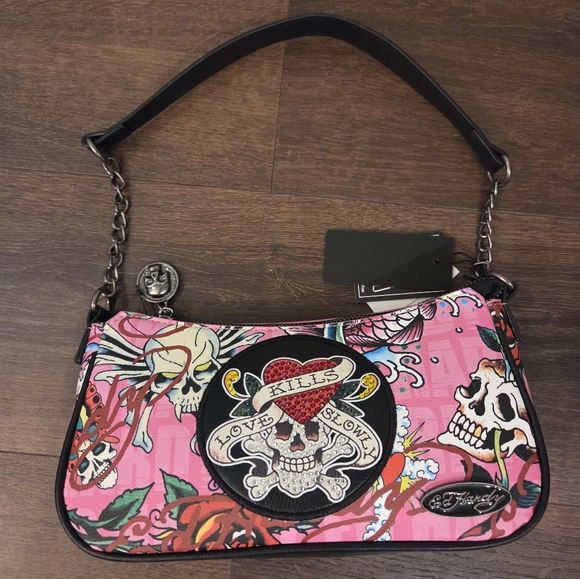 Y2K Ed Hardy Pink Rhinestone Skull Design Women's Purse Shoulder/Crossbody - Picture 1 of 16